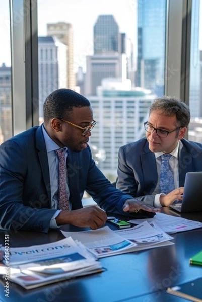 Fototapeta A mentor advising a young politician on public policy strategies, with policy documents, laptops, and a cityscape visible in the background.