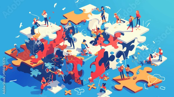 Fototapeta Huge Puzzle Pieces scattered around a small team trying to fit them together. Complex nature of problem-solving, strategic planning, and teamwork concept.