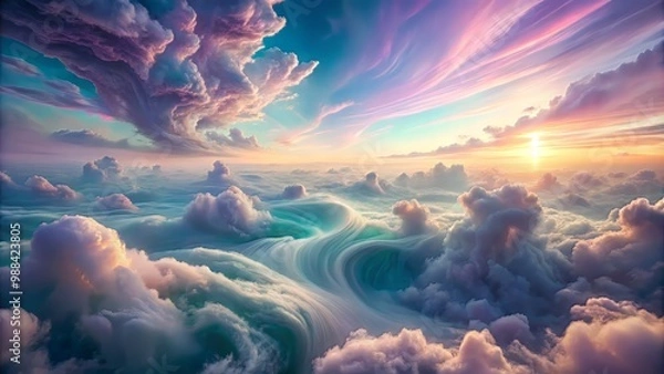 Fototapeta Ethereal aerial landscape where delicate, swirling clouds in pastel shades of lavender and mint coalesce into abstract, crystalline structures, bathed in a warm, luminous glow
