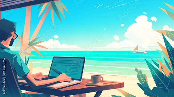Fototapeta A digital nomad working remotely on laptop at the beach with palm trees and ocean. Freelance, remote work, online work concept.