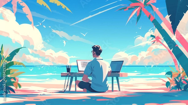 Fototapeta A digital nomad working remotely on laptop at the beach with palm trees and ocean. Freelance, remote work, online work concept.