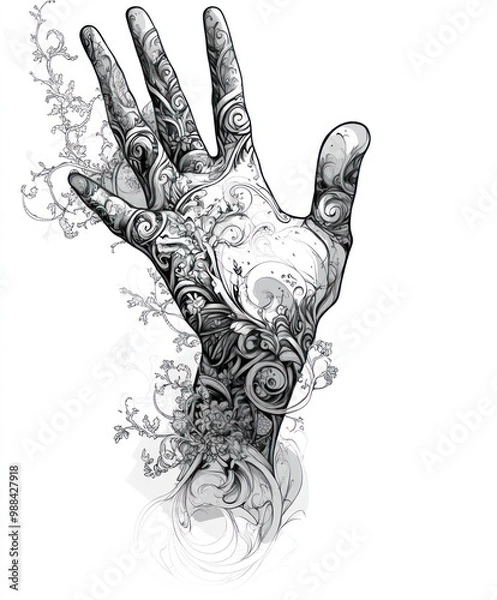 Fototapeta A hand with intricate, swirling floral designs covering it, symbolizing the beauty and interconnectedness of nature.