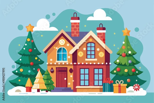 Fototapeta A charming house adorned with colorful Christmas decorations, alongside two Christmas trees and wrapped gifts, creating a festive winter atmosphere.