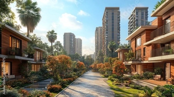 Fototapeta Modern residential area with lush greenery and tall buildings.