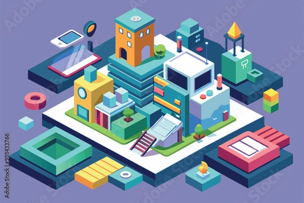 Obraz A colorful isometric cityscape in the process of being customized, showcasing unique buildings, greenery, and various geometric shapes.