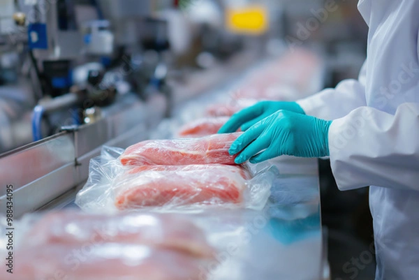 Fototapeta Meat Packaging Line  Worker in Gloves Placing Vacuum Sealed Pork on Conveyor Belt