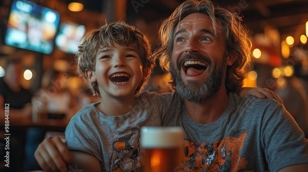 Obraz son, father watching football in tv drinking beer, enjoying exciting dramatic match screaming cheering loudly fathers day family, spending time together