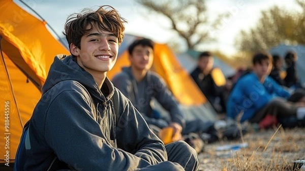 Obraz teenagers sitting on the ground in front of tents