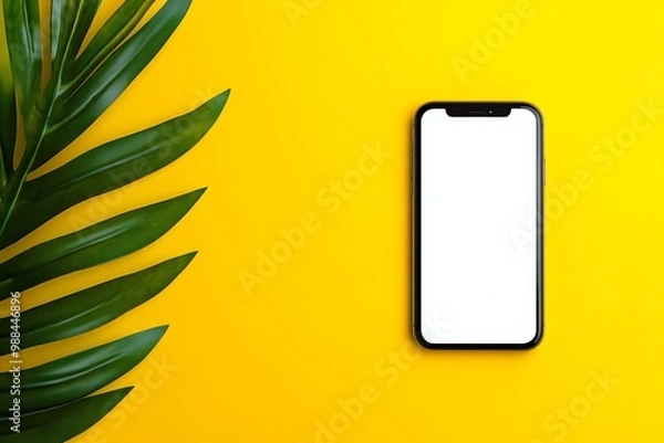 Fototapeta Blank Smartphone Screen With Green Leaf On Yellow Background