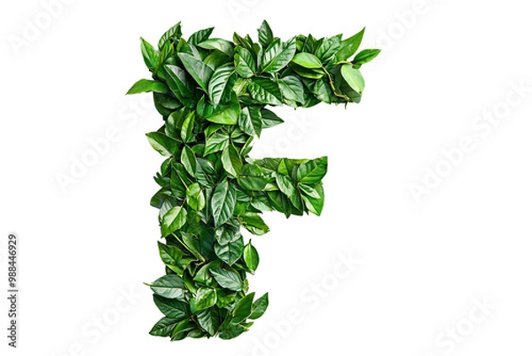 Fototapeta Botanical Letter F with Green Leaves and Foliage, Nature-Inspired Typography and Eco-Friendly Design on Transparent Background, Perfect for Environmental Themes