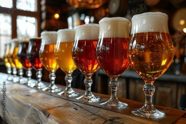 Fototapeta glasses, each containing a different type of beer, are lined up on a wooden bar counter, showcasing a variety of colors and foamy heads.