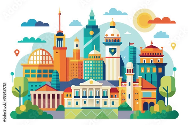 Fototapeta A vibrant and whimsical depiction of Madrid's famous buildings and landmarks under a warm afternoon sky, showcasing the city's unique architecture.