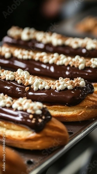 Obraz An elegant display of cake filled with creamy custard and topped with glossy chocolate ganache, neatly arranged on a tray