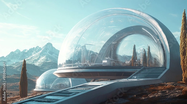 Fototapeta Massive dome-shaped space structure with transparent walls showcasing futuristic interior environments, floating above a distant planet's surface in a breathtaking cosmic scene.