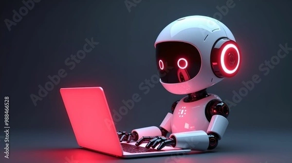 Fototapeta Artificial intelligence robot using laptop neon light futuristic technology 3d illustration banner