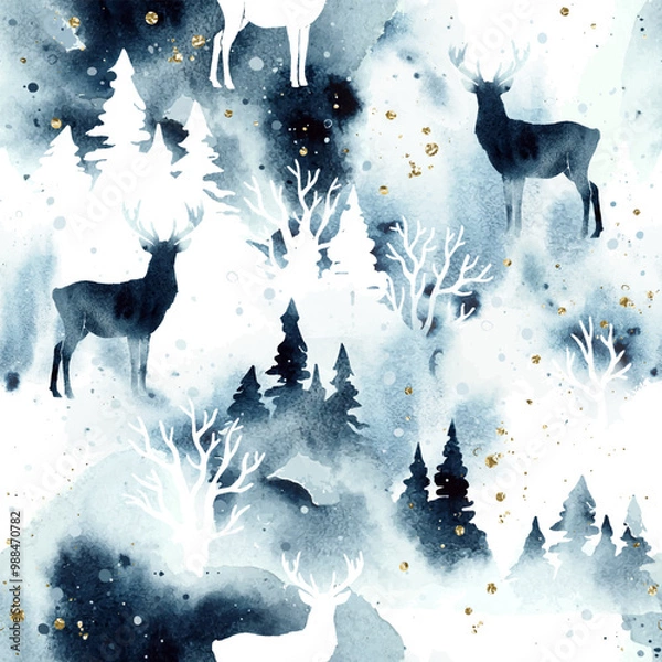 Fototapeta Winter watercolor stylish vector seamless pattern with reindeer, forest under night sky in blue, golden and white colors. Christmas design for textile print, page fill, web, wrapping paper