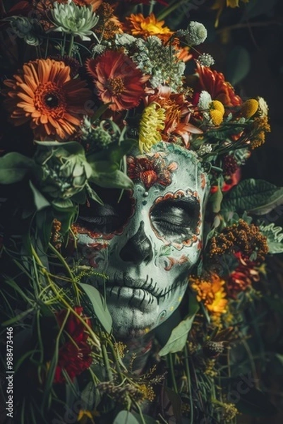 Fototapeta A skull adorned with a floral wreath, symbolizing the cyclical nature of life and death
