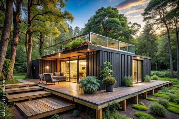 Fototapeta A sustainable dwelling built from a repurposed shipping container, surrounded by trees and showcasing a skylight-topped