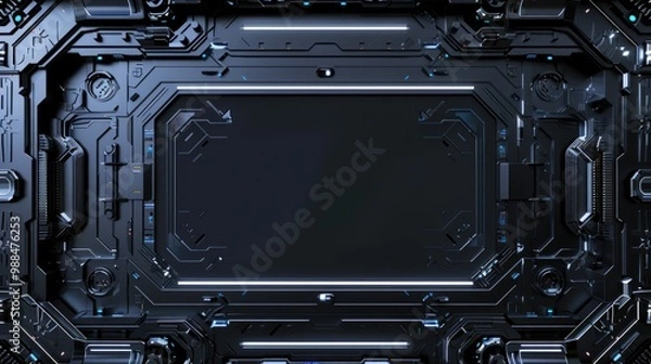 Obraz Futuristic Black Panel with Glowing Blue Lights and Detailed Mechanical Design