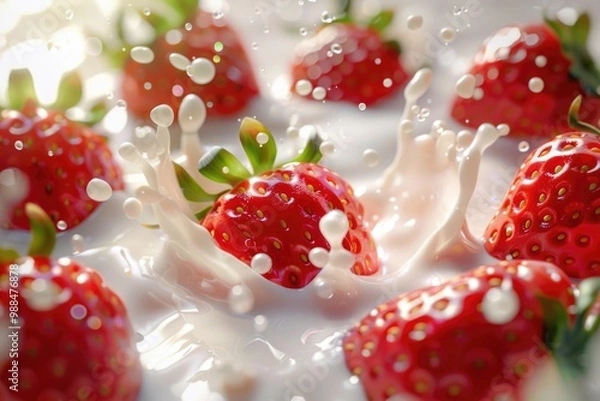 Fototapeta A close-up shot of fresh strawberries with a small amount of milk splashed on top