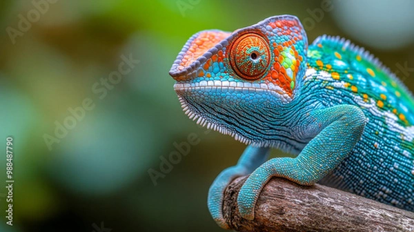 Fototapeta Vibrant chameleon perched on a branch against a lush green backdrop