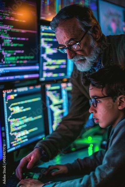 Obraz A mentor helping a young coder debug a complex software program, with multiple computer screens displaying lines of code.