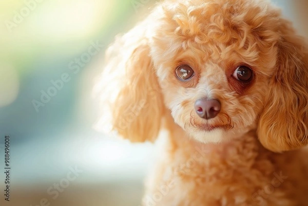 Fototapeta A close-up portrait photo of a cute poodle dog looking at the camera, isolated against a blurred background.