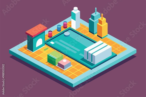 Fototapeta A colorful isometric illustration features a sanitizing mat placed on a tiled surface, accompanied by various cleaning supplies and containers.