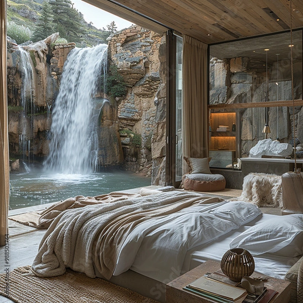 Fototapeta Luxury bedroom with view of water fall generated.AI