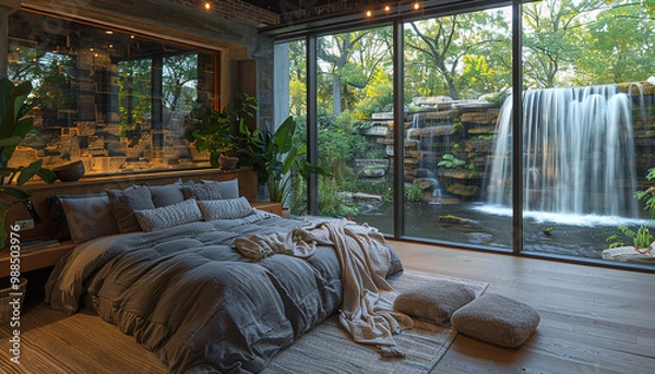 Fototapeta Luxury bedroom with view of water fall generated.AI