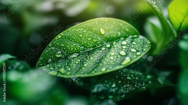 Obraz Na zielonym liściu z kroplą wody umieszczona ikona symbolizująca zmniejszenie emisji dwutlenku węgla.