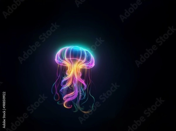 Fototapeta A glowing jellyfish in vibrant colors against a dark background.