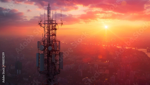Fototapeta A 3d base station receiver on a telecommunication tower against a vibrant sunset over a cityscape, symbolizing connectivity and communication