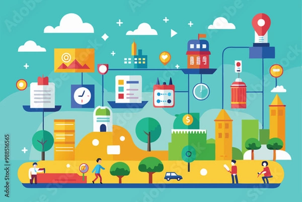 Fototapeta A colorful illustration showcasing various activities and landmarks, illustrating a customizable timeline within a lively urban environment.