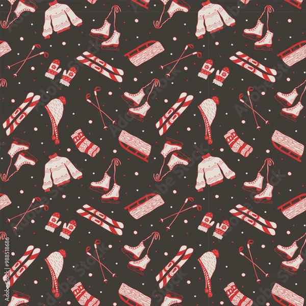 Fototapeta Christmas and New Year's pattern on a dark background, with skates, skis, hat, sweater, socks and mittens in the doodle style. For wrapping paper, cover, background, wallpaper and textiles.