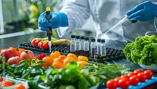 Fototapeta Scientist conducting food sensitivity test with fresh produce and lab equipment. Food intolerance