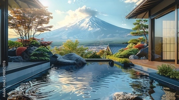 Fototapeta Traditional Japanese courtyard featuring a natural hot spring pool with the iconic Mount Fuji in the background.