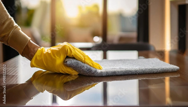 Obraz Hand Holding a Dust Cloth with a Shiny Surface in the Background