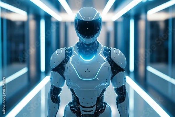 Fototapeta Futuristic Robot in Sci Fi Corridor