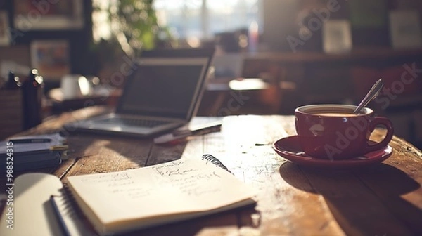 Fototapeta Coffee Break at a Cozy Cafe: Laptop, Notebook, and Sunlight
