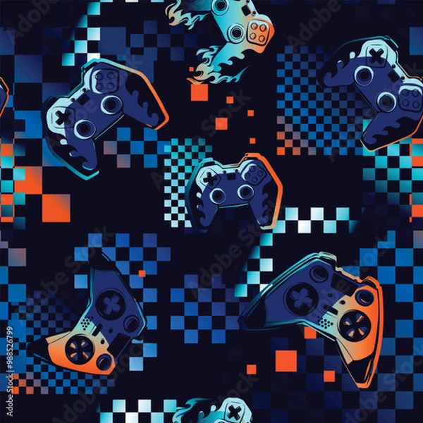 Fototapeta Seamless pattern with gaming controllers on a geometric background of squares. Vibrant design with dark blue, orange, and teal tones, ideal for modern apparel, youth fashion, and gaming-related prints