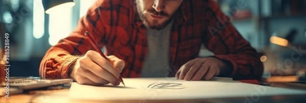 Fototapeta Designer crafting a logo, softly blurred creative workspace in the background, showcasing the artistry and inspiration of design.