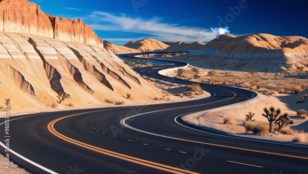 Fototapeta A long stretch of highway winding through a desert landscape, with rocky hills and a clear blue sky extending to the horizon