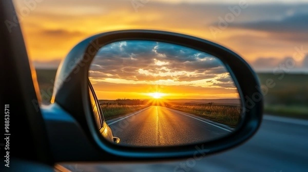 Fototapeta The setting sun is reflected in a side view mirror of a car.