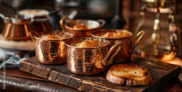 Fototapeta Miniature copper pots with French onion soup. Parisian cafe terrace setting. with space for text 