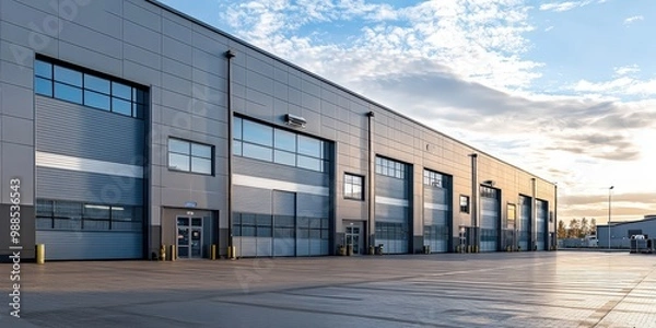 Fototapeta A row of industrial buildings with large garage doors.