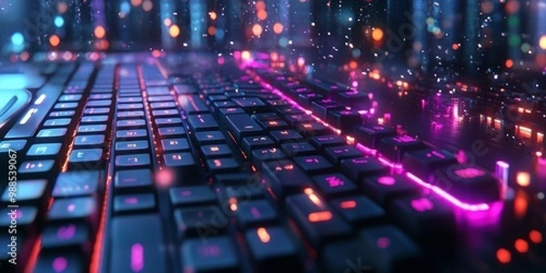 Fototapeta Futuristic Keyboard Design, featuring intricate keys and a softly blurred backdrop of vibrant neon technology lights