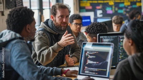 Fototapeta A tech mentor explaining complex coding concepts to a group of eager students, with computer screens displaying intricate code.