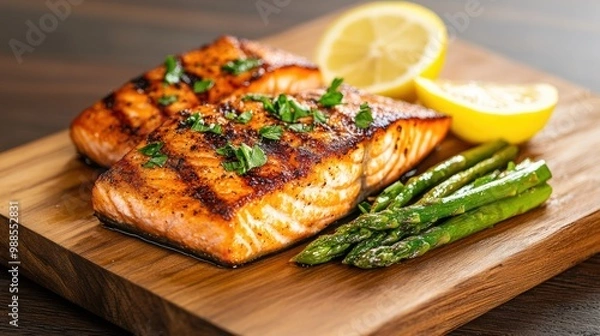 Fototapeta Grilled Salmon with Lemon and Asparagus on Cutting Board