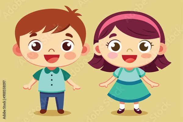 Obraz Happy cartoon kids are playing joyfully, smiling and enjoying each other's company in a bright animated setting, a cartoon character Cute children boy and girl happy